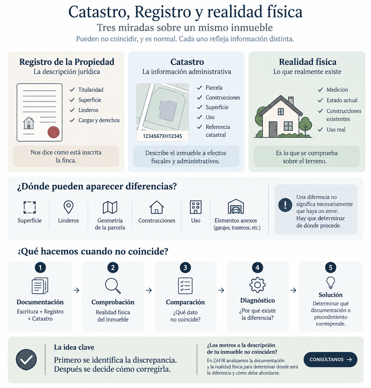Esquema de las diferencias entre Catastro, Registro de la Propiedad y realidad física de un inmueble
